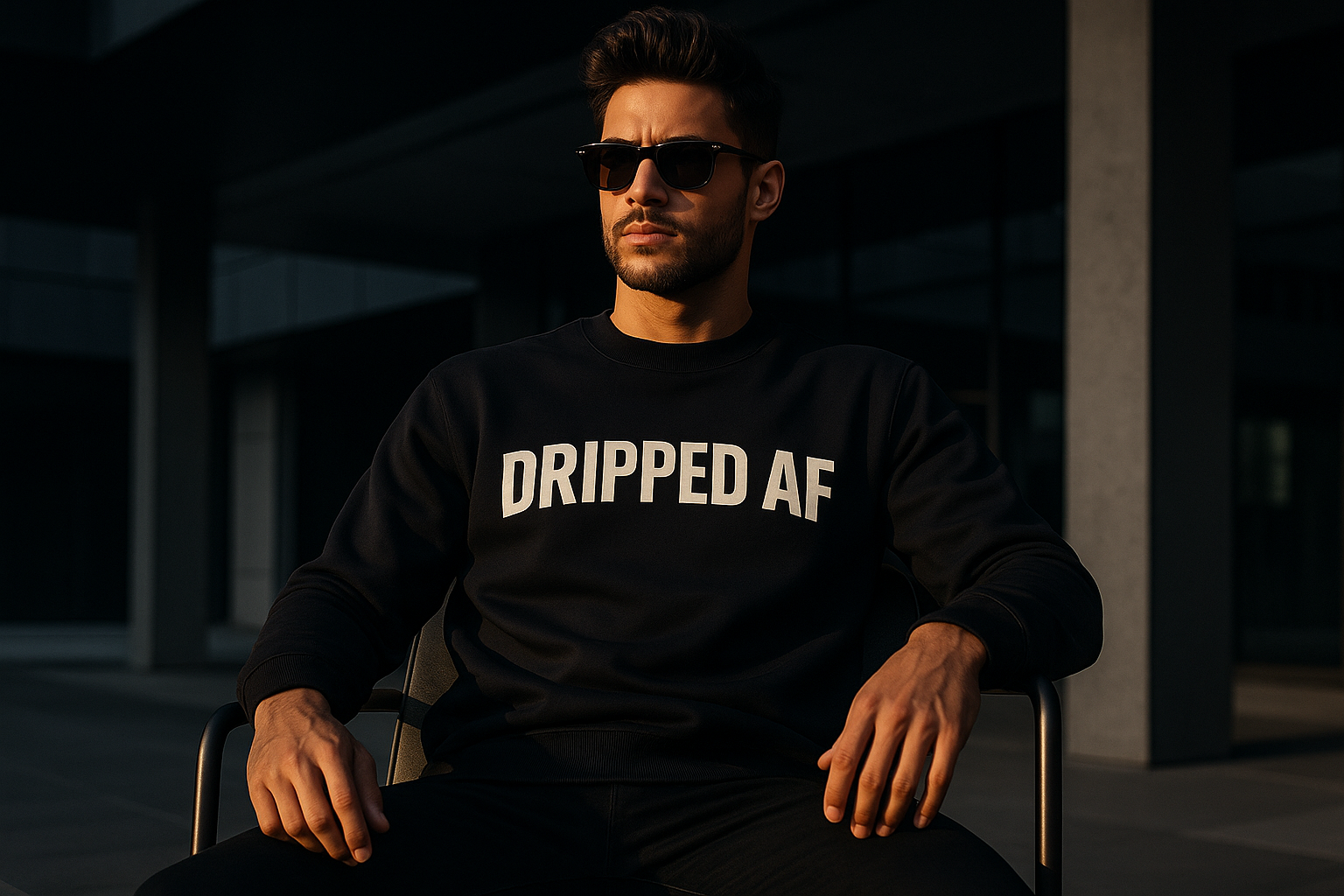 A men wear a sweatshirt on the shirt brnad name 