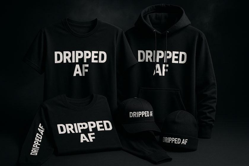 GIve me image dripped af logo on the shirts hoodies hats sleeves caps with modern design and cinematic look 