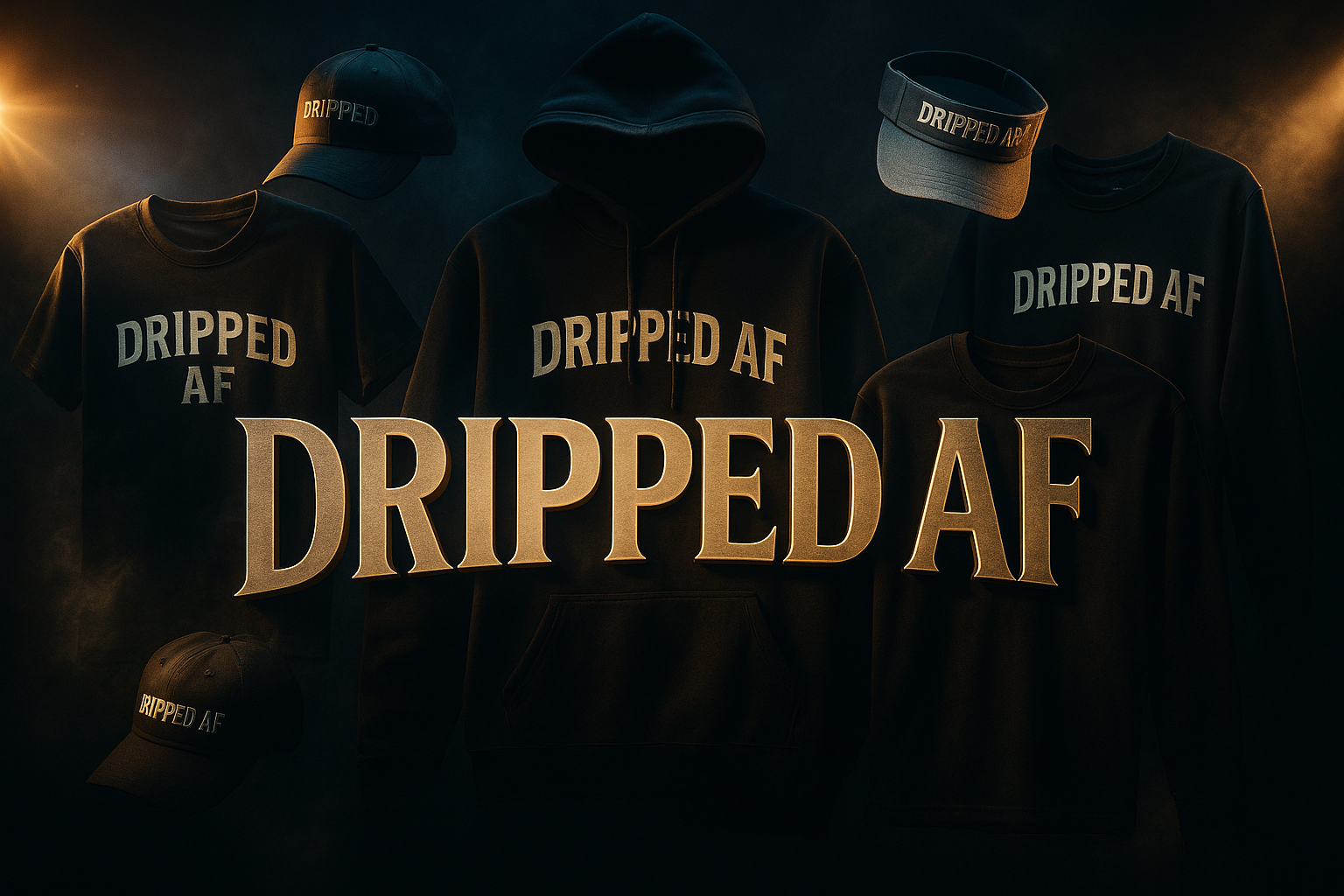 give me the dripped af logo image banner with the cinmeatic look all things cove in that banner t-shirt hoodie cap visors sleeve shirt with the cinematic look 