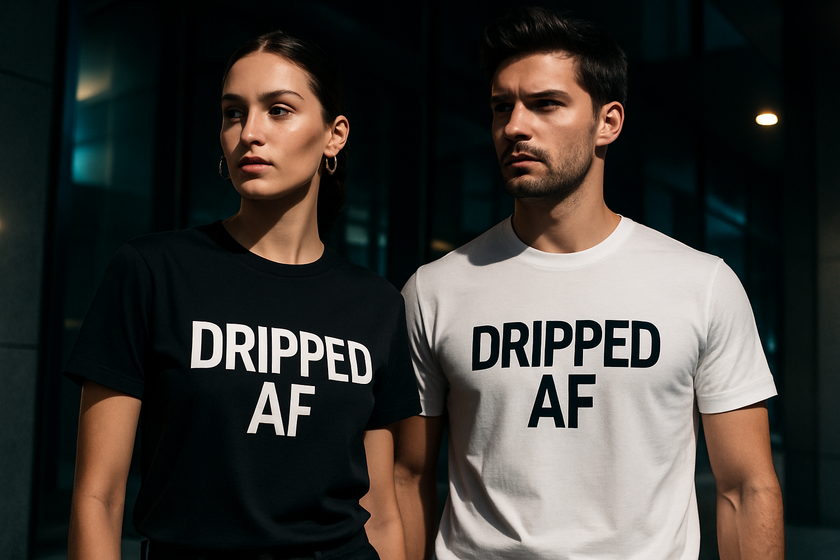 give me the image the man and women wear the t shirt with the modern and cinematic look on the shirt have a dripped af logo its a modern look
