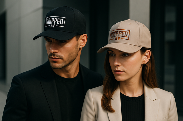 man and women wear a cap with the name of dripped af logo with the cinematic modern and proffesional look