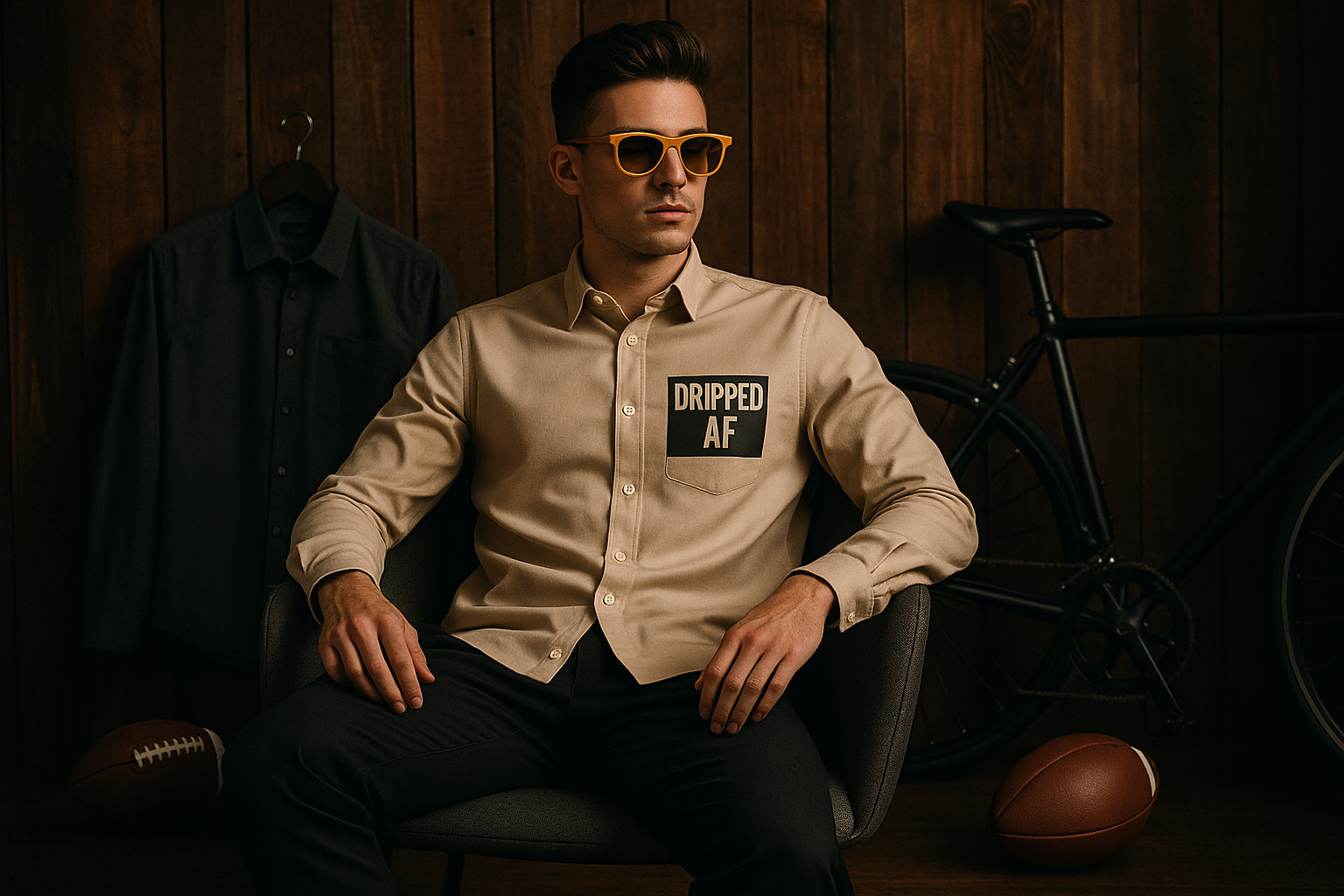 Man Sit on the chair and wear the yellow sun glasses and button shirt with the modern look name of dripped af logo on the shirt with the background wood wall and one shirt on the chair the footbal around the man and cycle around the man cinematic look
