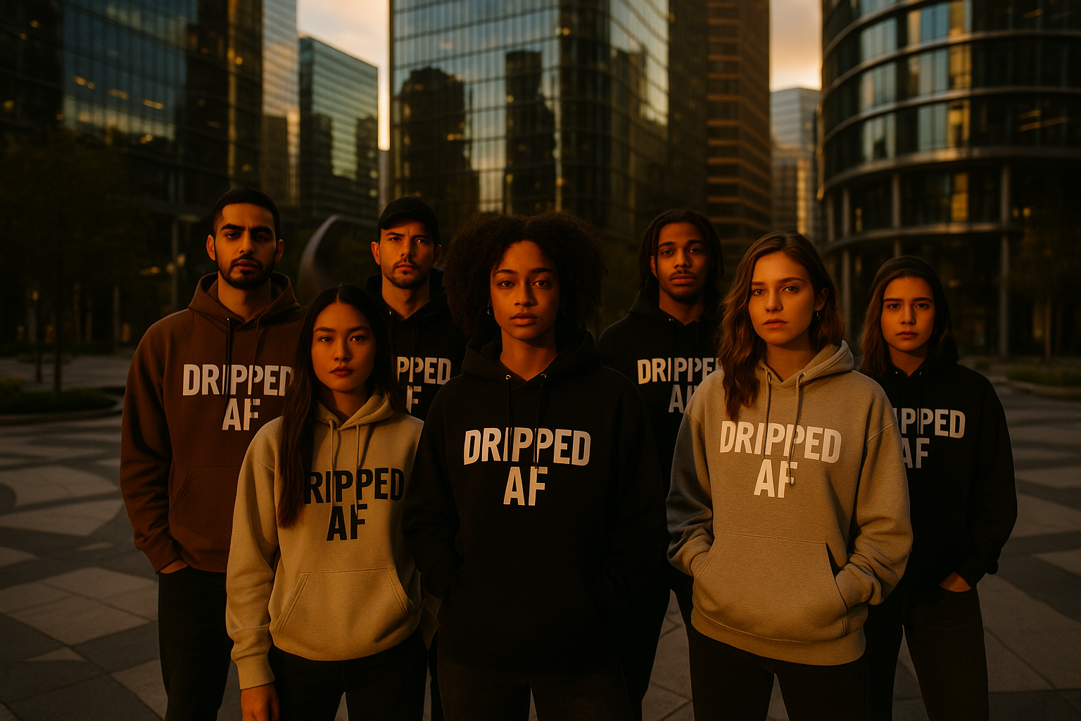 men and women wear a hoodie with the name of dripped aff logo and its stand in the plaza with the beautiful and modern design and a cinematic look  