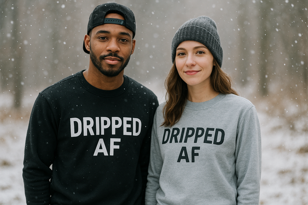 only single man and women and on the shirts have logo name "Dripped af"