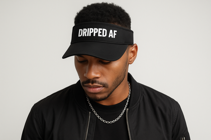 single man wear a fashion visor with a dripped af logo