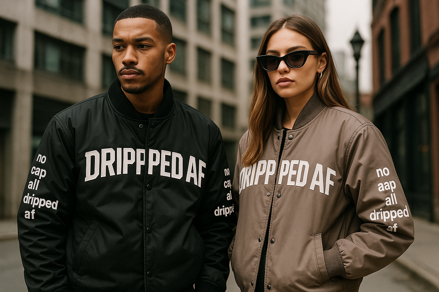 the man and women wear a jackets with the brand name of 