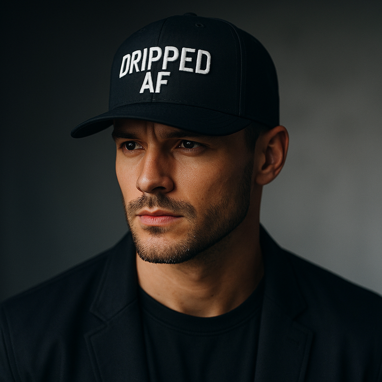 the man wear a cap with the dripped af logo with modern and ceimatic look modern and proffesional