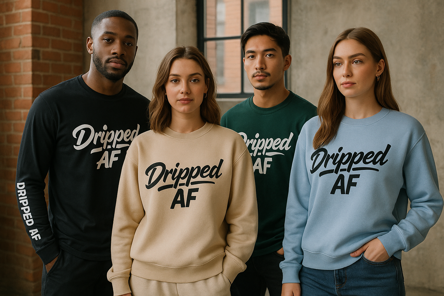 The men wear a sleeve shirt and the women wear a sweatshirt with the name of 